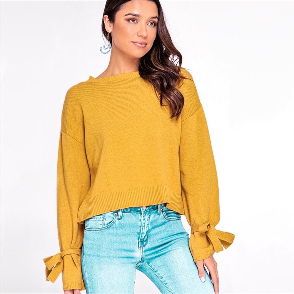 Mustard Bell Sleeve Knit Sweater, Sleeve Tie - Picture 1 of 9